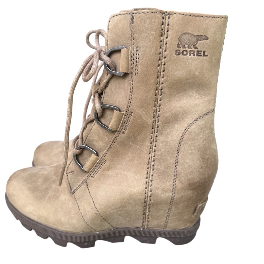 Sorel Joan Of Arctic Wedge Ankle Boots Leather Ash Brown Waterproof Size 5 Chic